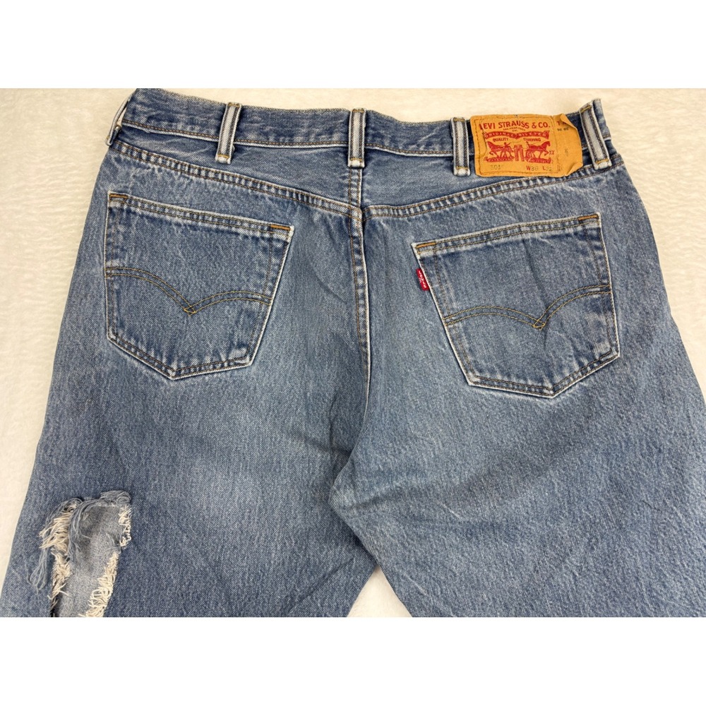 Levis 501 Mens 38x32 Jeans Grungy Distressed Medium Wash Vintage Back Hole Fade - Picture 5 of 10
